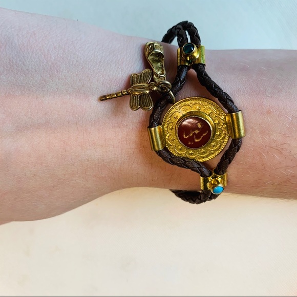 Brown rope & gold tone real silver bracelet with semi-precious stones dragonfly - Picture 7 of 11